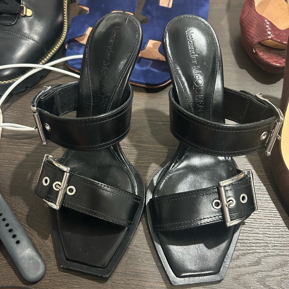 Alexander McQueen Black Heeled Mules with Buckle Straps